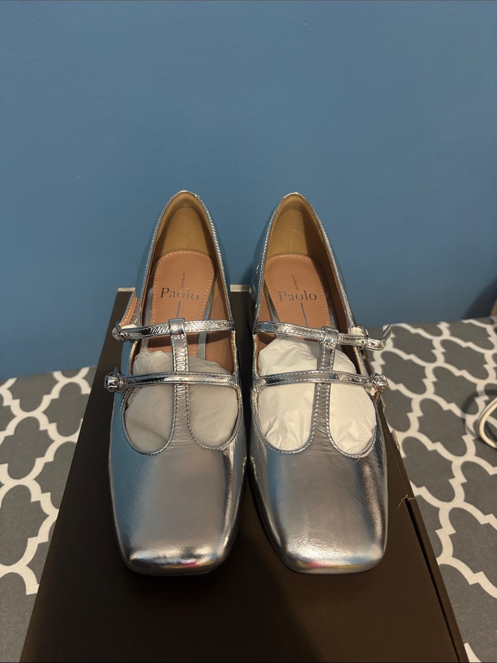 Paolo Silver Double-Strap Mary Jane Flats